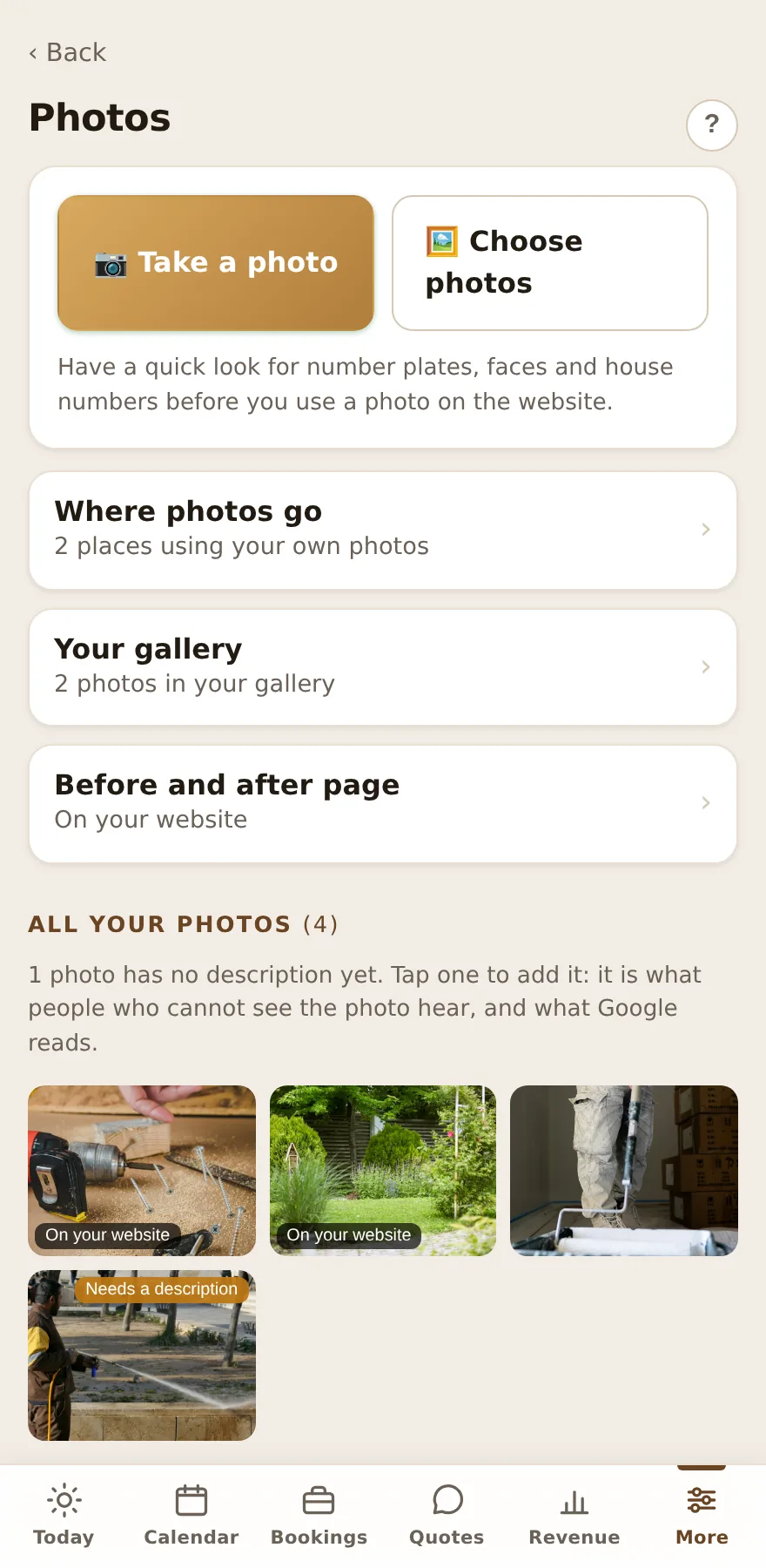 Owner dashboard photo library with recent job photos