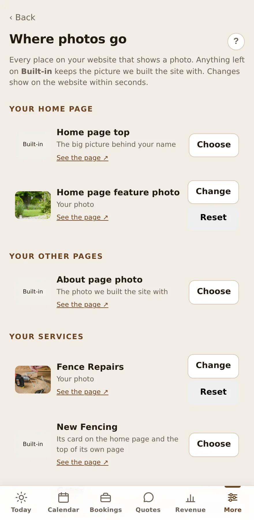 Owner dashboard screen listing every place on the website that shows a photo