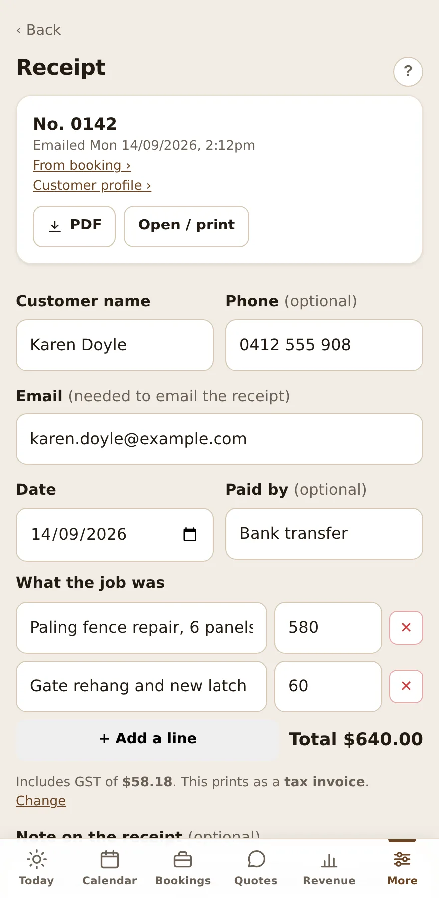 Owner dashboard receipt screen with the job's lines and total