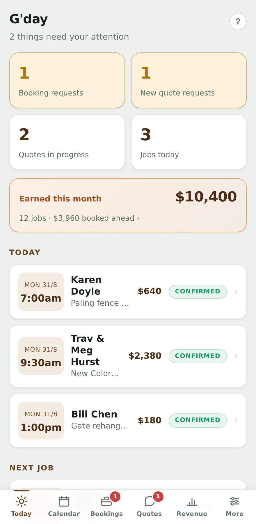 Dashboard home screen with today's jobs