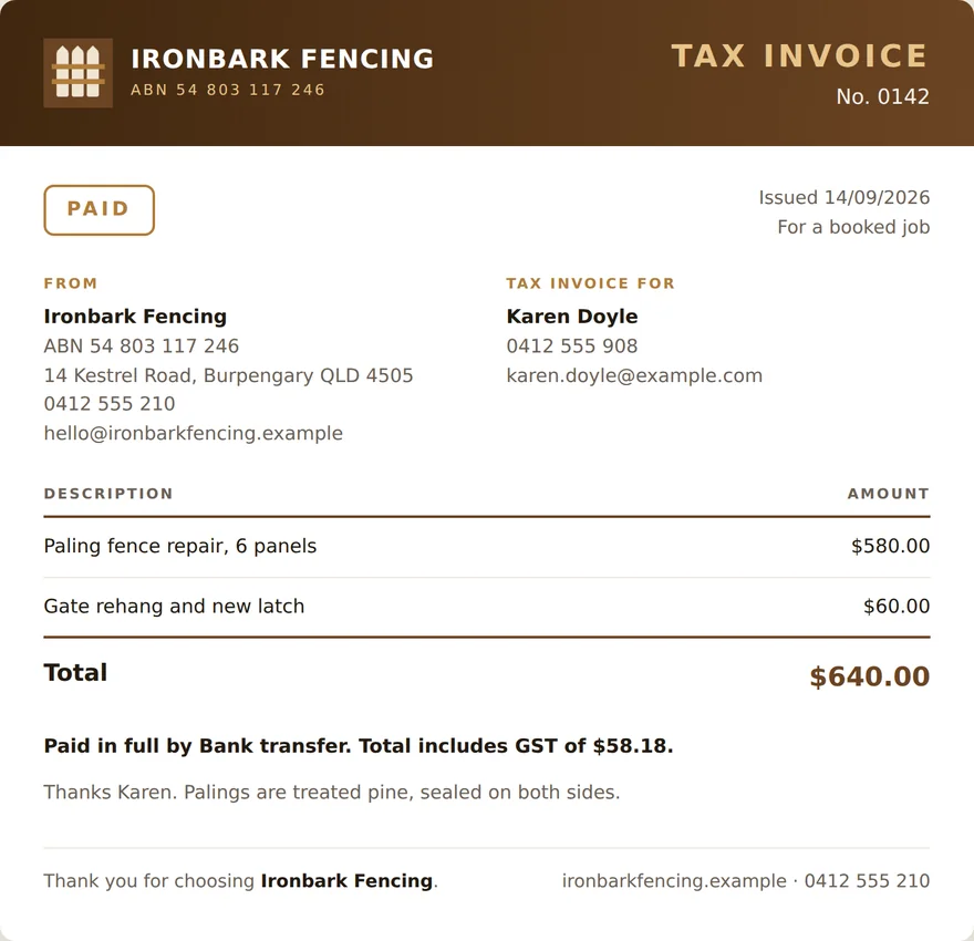 The finished branded tax invoice a customer receives